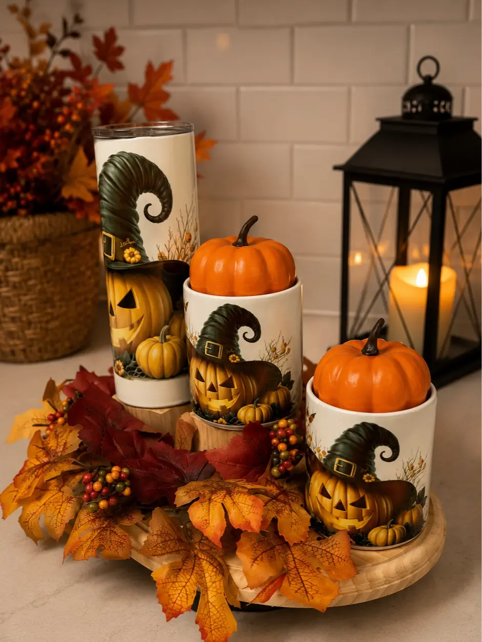 NORELD Halloween Pumpkin Gift Set | 20oz Tumbler & 2 Ceramic Coffee Mugs | Cute Witch Pumpkin Fall Gift