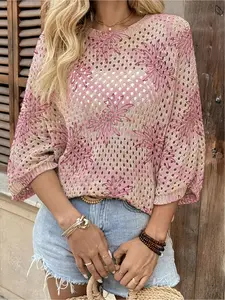 Spring & summer Bohemian knit top, round neck, hollow-out batwing sleeves, loose fit. Contrast floral print, lightweight. Suitable for daily, commute, vacation and beach bikini cover-up, casual and elegant. Womenswear