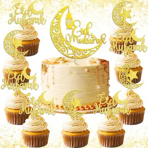 Ramadan Cake Topper Gold Eid Cake Decorations Supplies Moon Stars Cake Cupcake Food Decor for Mubarak Decorations