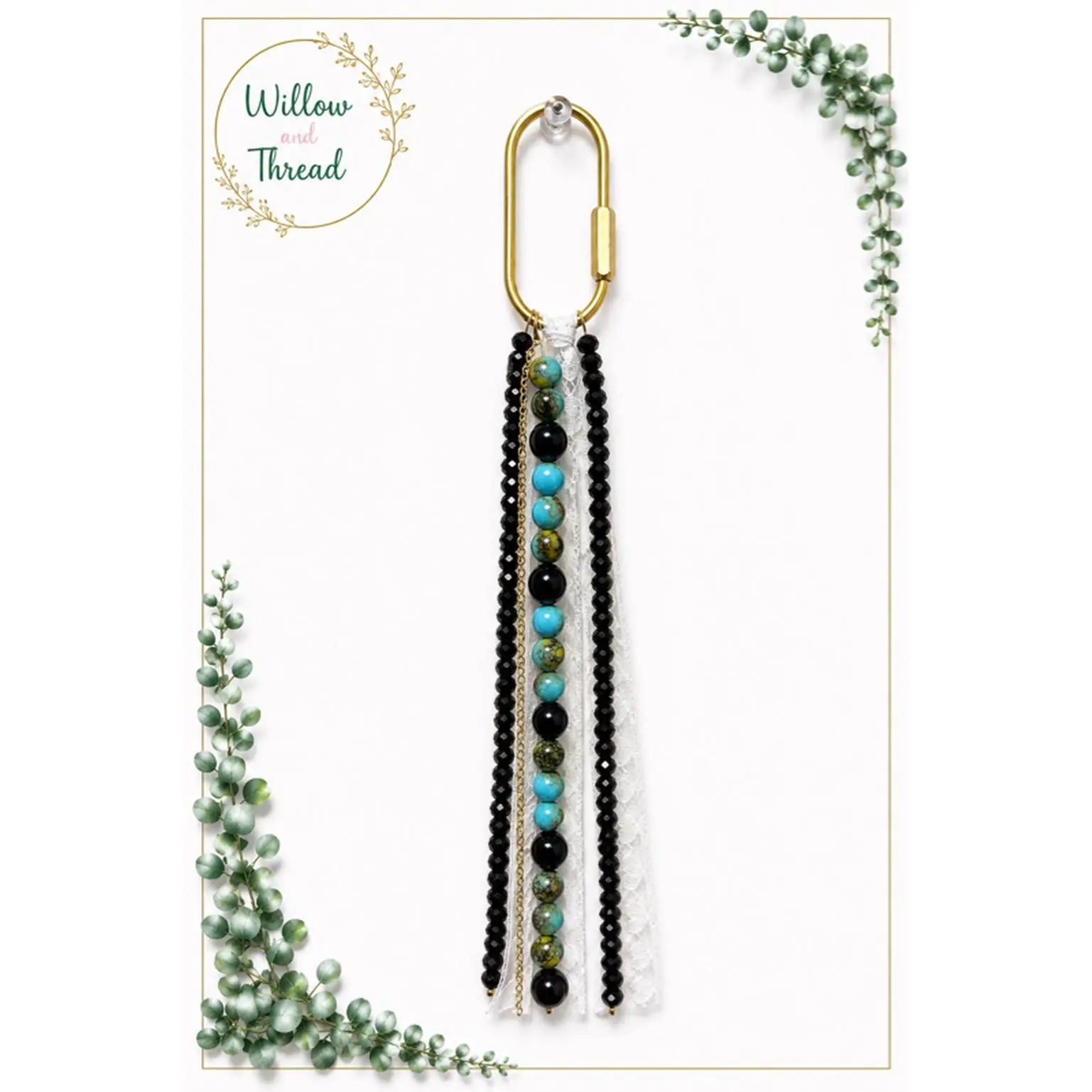 Willow Thread Beaded Keychain with Black and Turquoise Beads, Gold Tone Hook, and White Lace Detail