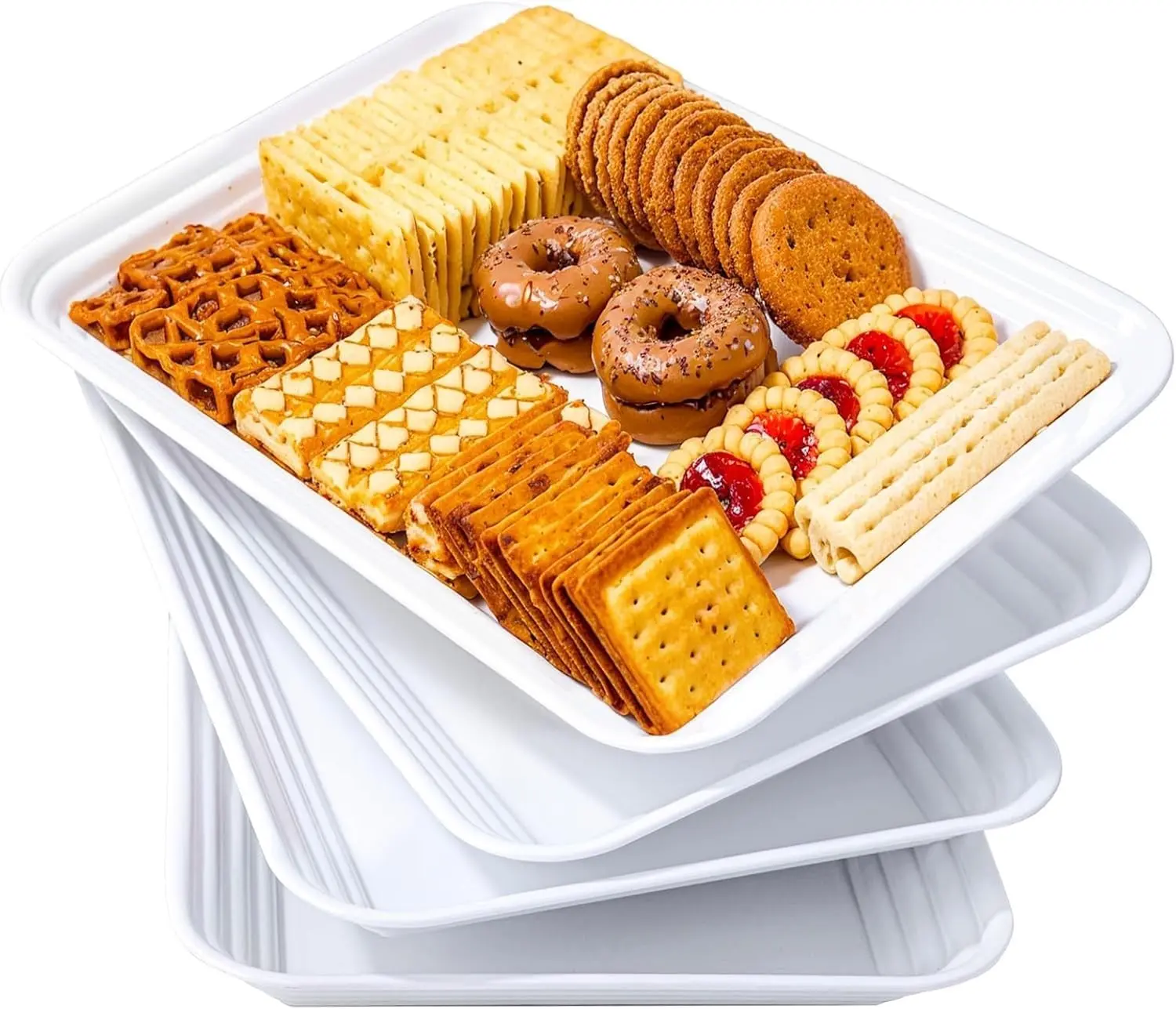 16" x 11" Large White Serving Trays, 4-Pack Reusable Plastic Platters for Cookies, Appetizers, Charcuterie, Snacks, Desserts and Party Food, Stackable Serving Tray Set