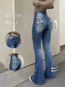 Women's Denim Jeans - Mid Rise, Stretchy, Slim Fit Bootcut with Feather Wings and Flower Embroidery