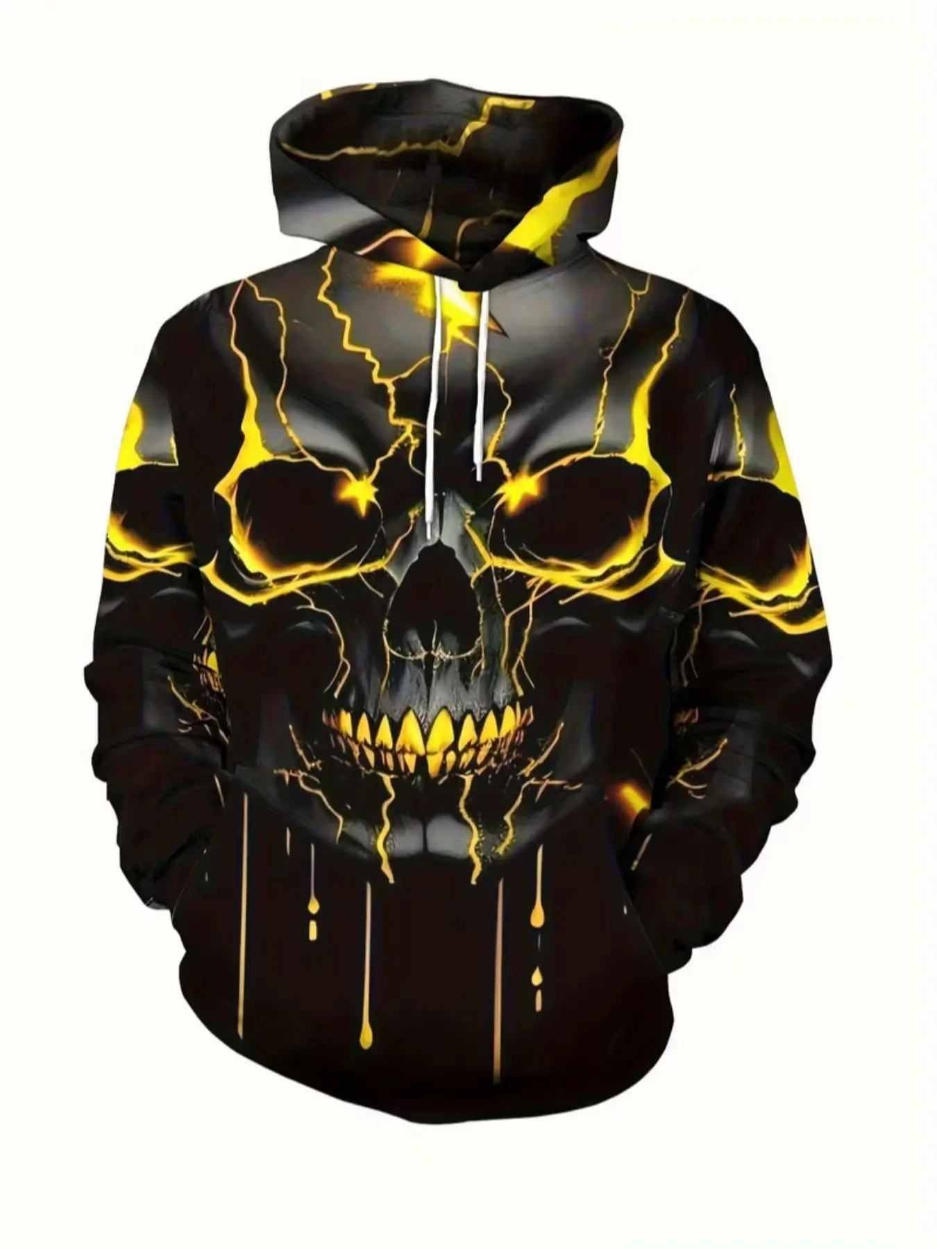 Men's Plus Size 3D Skull Print Drawstring Graphic Hoodie, & Street Style Sweatshirt, Kangaroo Pocket, Medium Stretch Fabric, Printed Hoodies