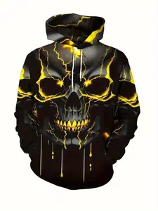 Men's Plus Size 3D Skull Print Drawstring Graphic Hoodie, & Street Style Sweatshirt, Kangaroo Pocket, Medium Stretch Fabric