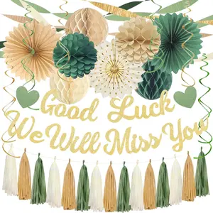 Green Farewell Party Decorations Men Women, Good Luck We Will Miss You Banner Crepe Paper Streamers Honeycomb Balls Kit For Going Away/Leaving/Retirement P
