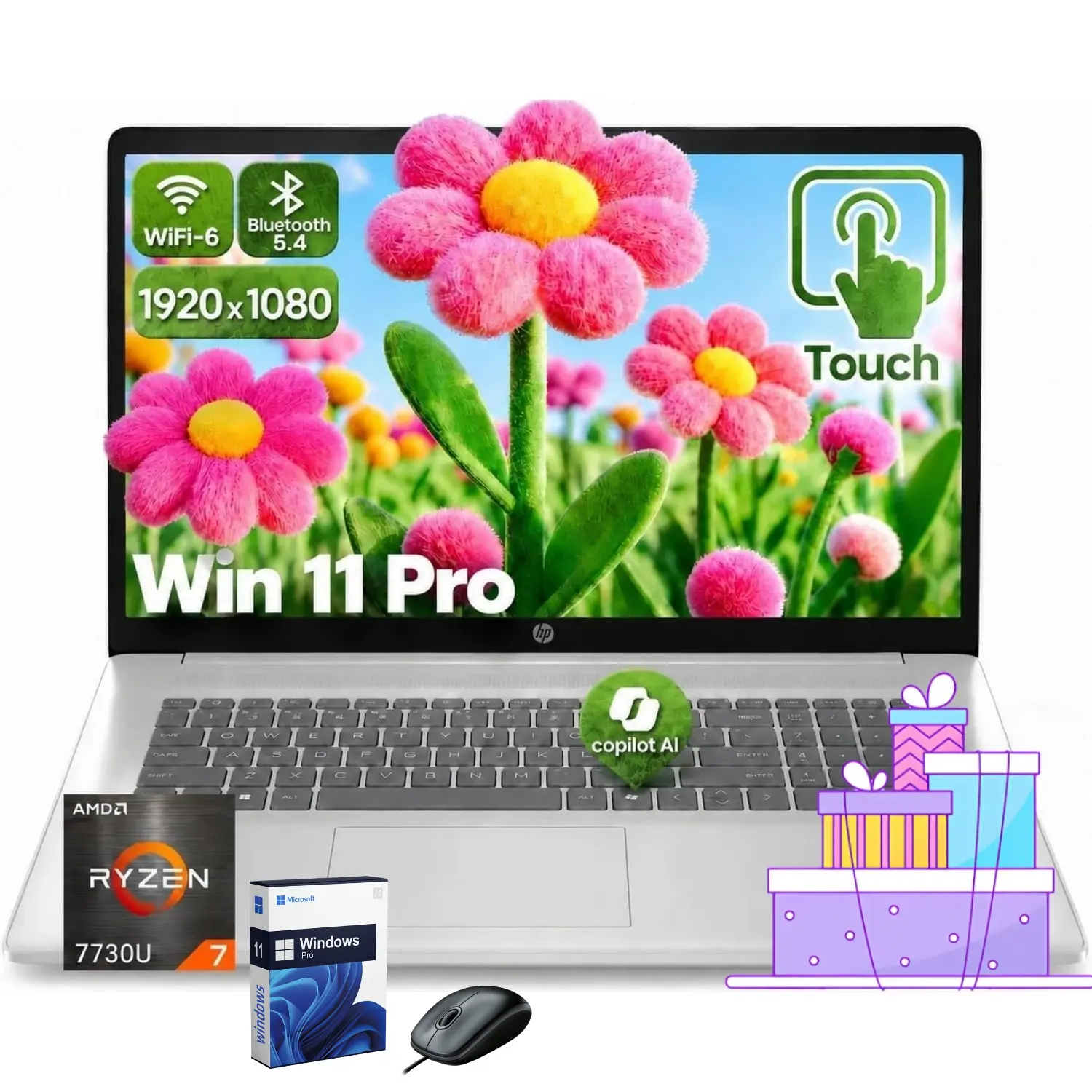HP 15.6 Inch FHD Touchscreen Portable Laptop, AMD Ryzen 7 7730U, Up to 32GB RAM, 1TB SSD, Copilot AI Key, WiFi 6, Fast Charge, Windows 11 Pro for Business & Study, Bundle Accessories Included