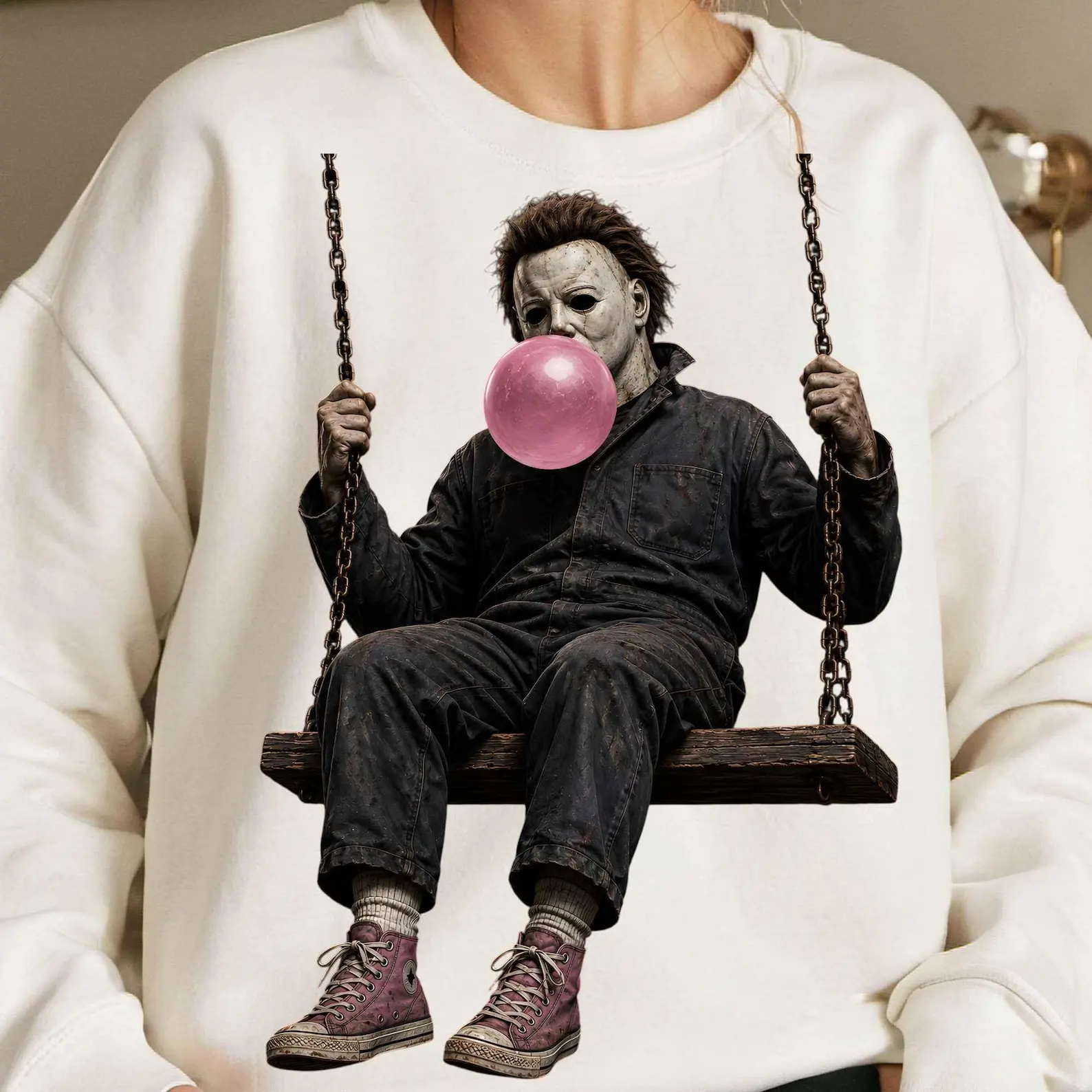 Funny Horror Killer Bubblegum Sweatshirt, Spooky Movie Character on Swing Clipart, Pastel Goth Halloween Sublimation, Scary Slasher Shirt
