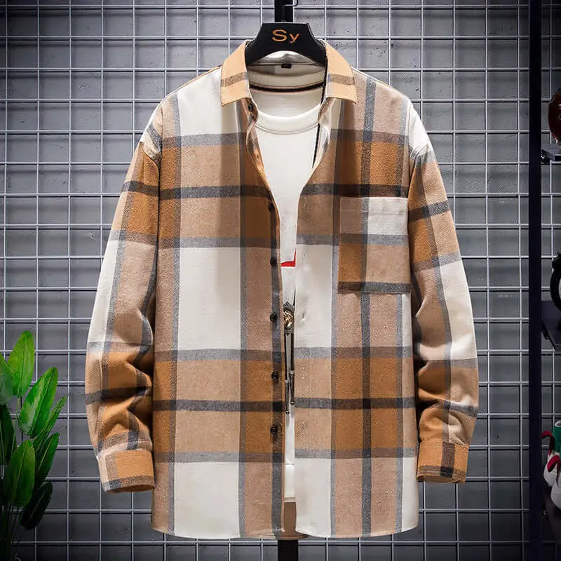 Men's Plaid Brushed Long-Sleeve Loose Shirt - Menswear Polyester Top, Casual Soft-Fabric Cardigan