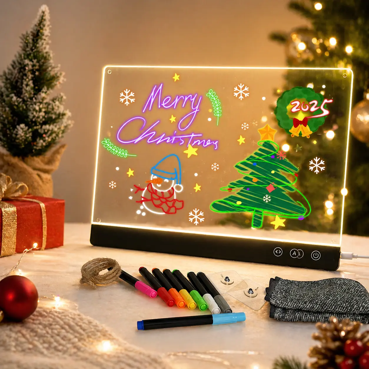 GUOBOARD Acrylic Dry Erase Board with Light, Rechargeable LED Memo Board with & 4 Flash Modes, 12"x8" Light Up Desktop Message Board with Foldable Stand, Professional Glowing Note Pad