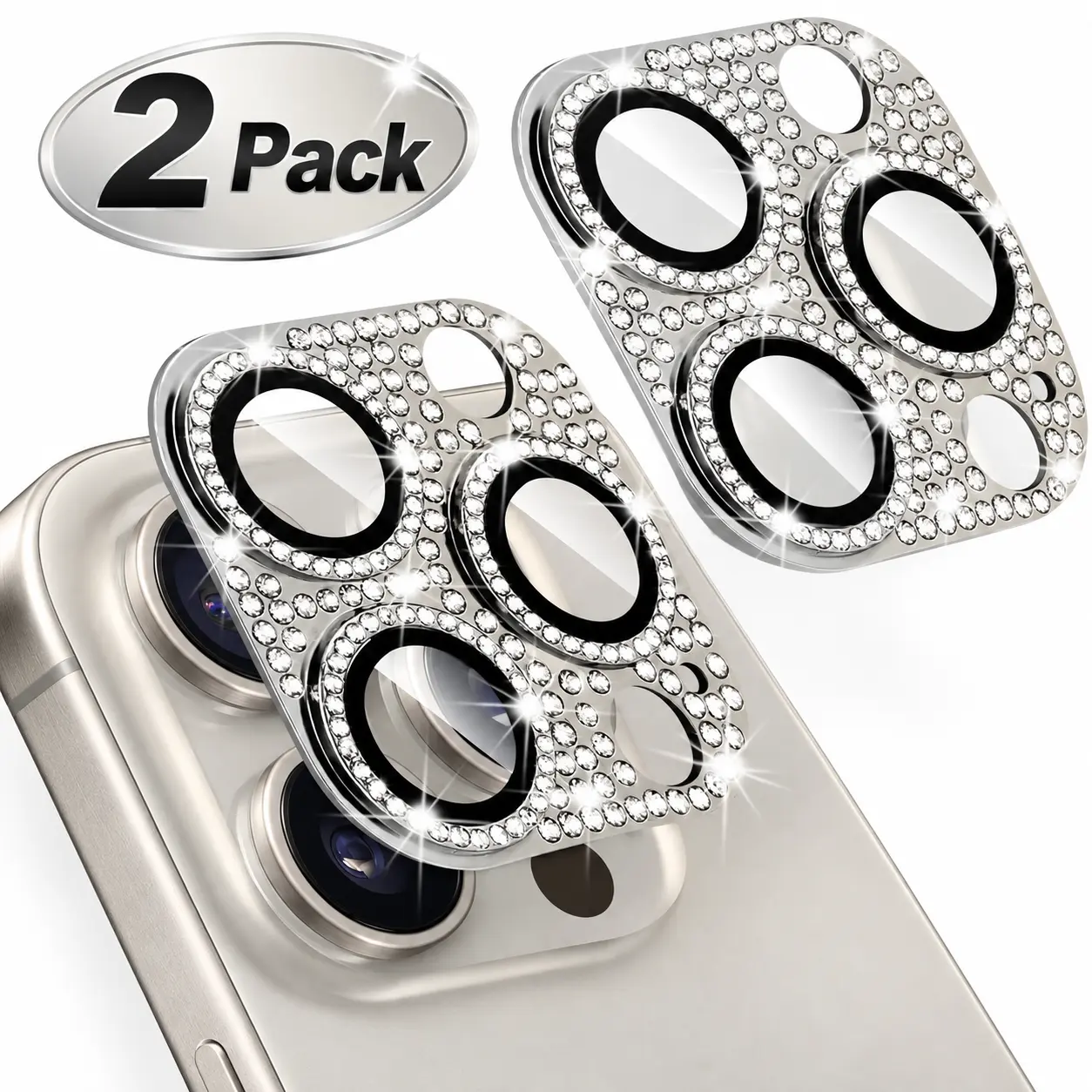 2 Pack Bling Rhinestone Diamond Camera Lens Protector for iPhone 16 Pro Max / iPhone 16 Pro / iPhone 15 Pro Max / iPhone 15 Pro, Tempered Glass Camera Cover, 9H Scratch Resistant, Case Friendly