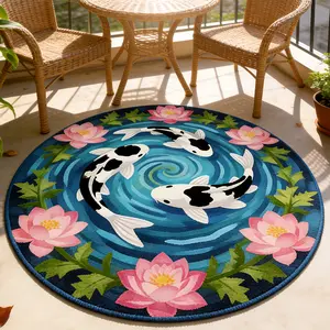 Modern Creative Lotus Koi Pattern Carpet, Foldable Design Washable Non-Slip Plush Decorative Rug, Living Room Bedroom Decor, Large Area Mat