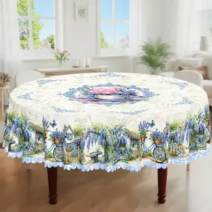 1pc, Spring Summer Themed Party Tablecloth, Buffalo Check Butterfly Bicycle Lavender Floral Printed Design, Rectangular/Round/Oval Table Cloth, Embossed Edges, Suitable For Picnic Dinner Kitchen Dining Room Decoration