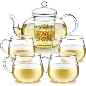 Heatproof Glass Teapot Set with Removable Loose Tea Infuser (Standard Size: 32oz/946ml) and Four Borosilicate Glass Teacups (7oz/207ml) - Lead-free Complete Tea Set