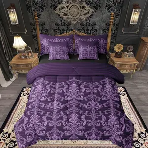Gothic Damask Comforter Set with Sheets for Kids Boys Girls Antique Victorian Baroque 7 Pieces Bedding Set Gothic Purple Floral Bed in a Bag Bohemian Room Decor Soft