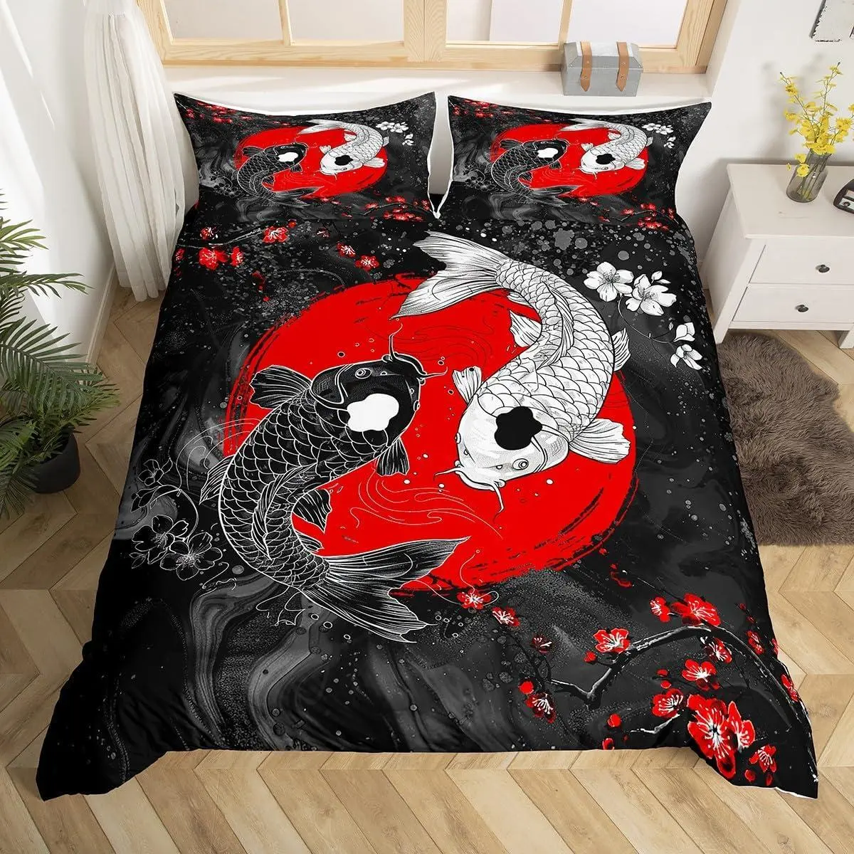 Koi Fish Bedding Set - Cherry Blossoms Comforter Set for Boys & Girls - Ukiyoe Theme Bedspread with Red Sun Japanese Wave Home Decor Duvet Cover