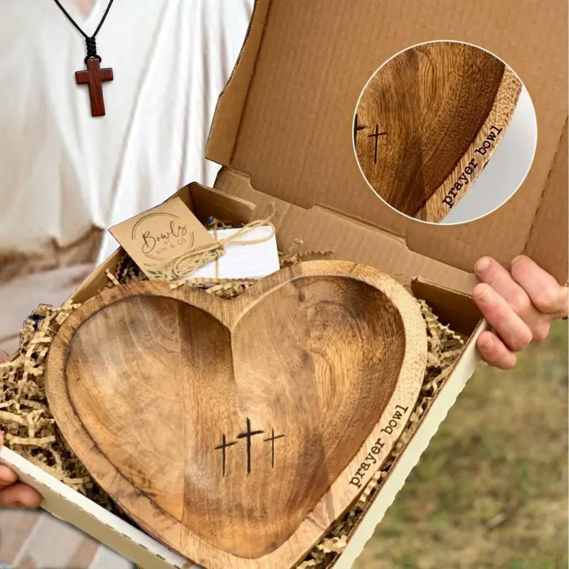 Christian Gifts for Women - Wooden Heart Prayer Bowls Dough Bowl Plates Decor for Table Centerpieces Home Party Wedding Décor with 24 Cards, Canvas Bag, Cross Necklace Mothers Day Gifts Religious Handcrafted vintage
