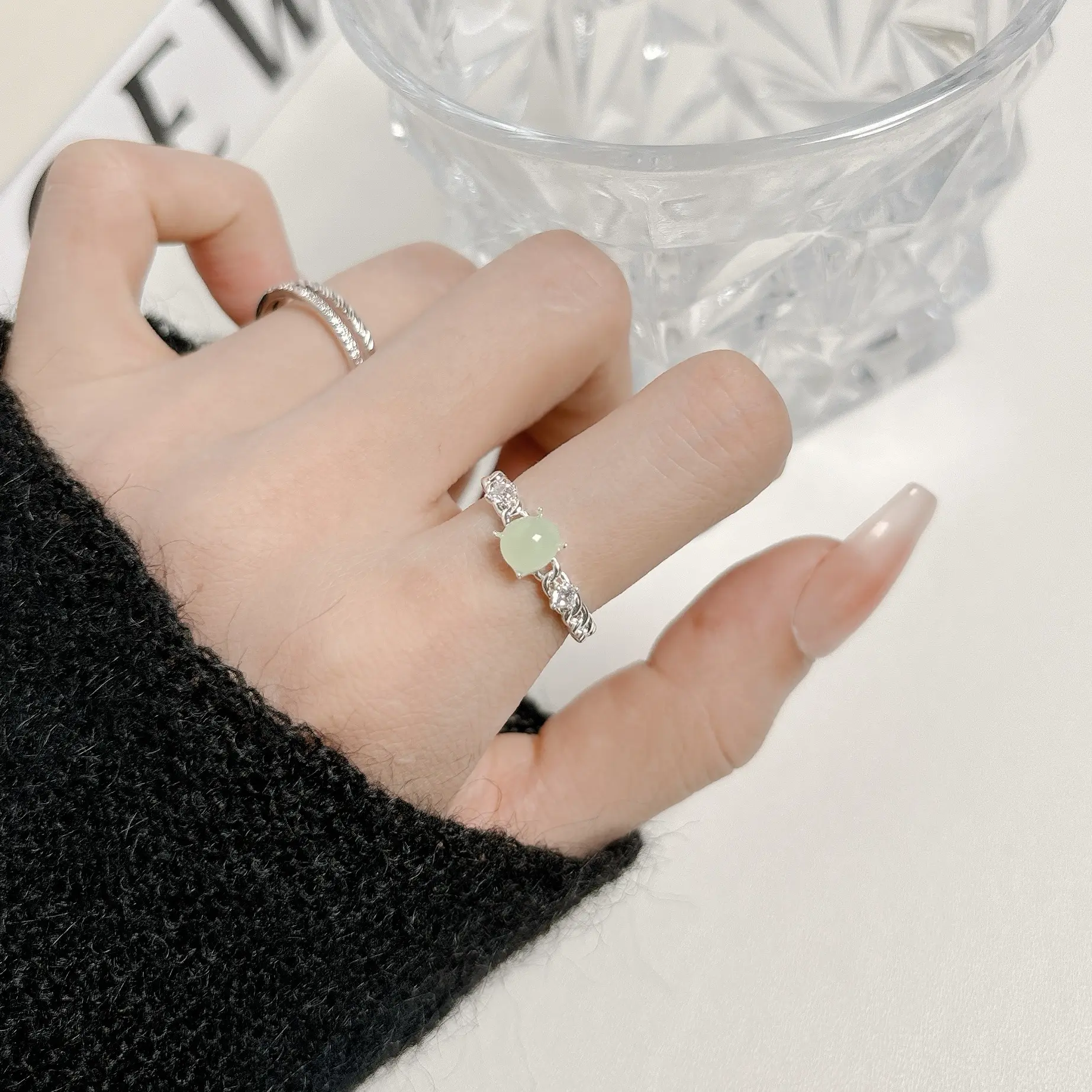 Avoria Minimalist Green Stone Adjustable Ring, Silver Tone Braided Open Band Jewelry