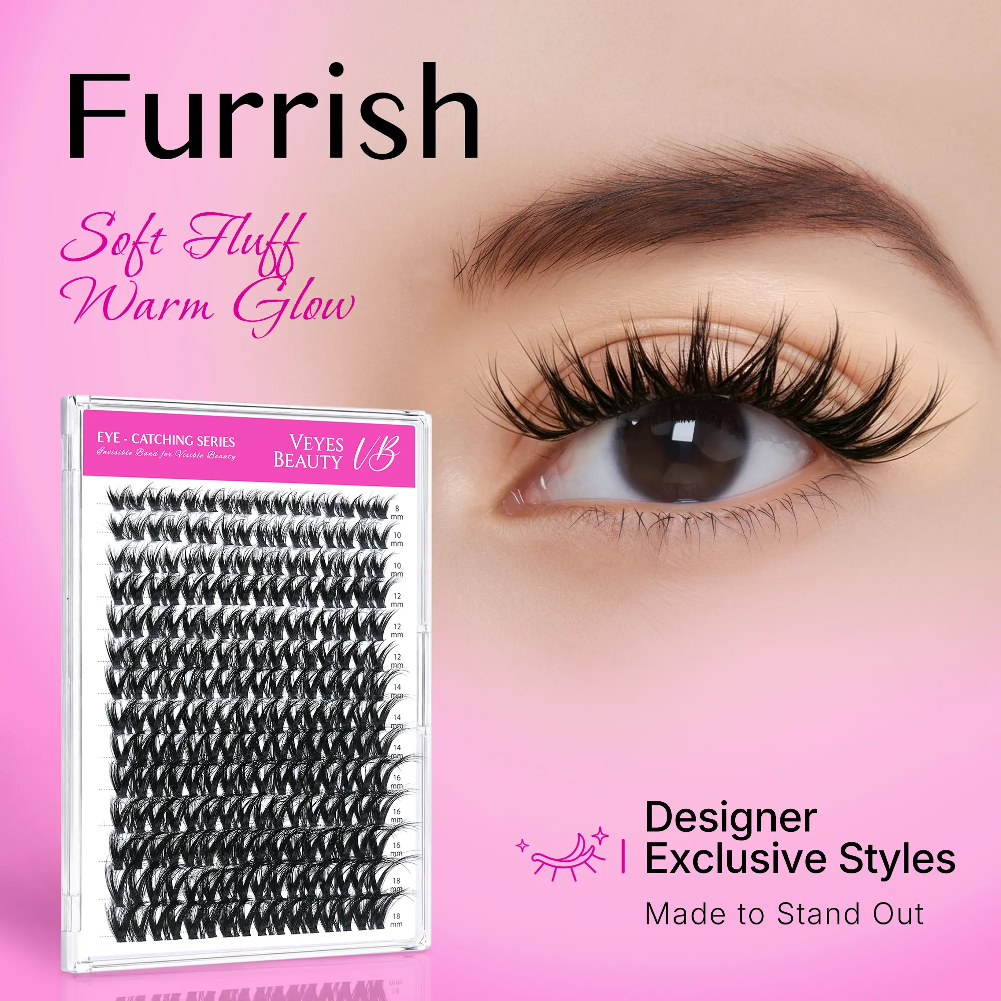 VEYESBEAUTY VB-Furrish Cluster False Eyelashes & Adhesives Cosmetic Kit, DIY Dramatic Lashes with Ultra-Thin Invisible Band, Mixed Lengths Volumized Faux Mink Lash Extension for Self Makeup, Fine Wispy Finish