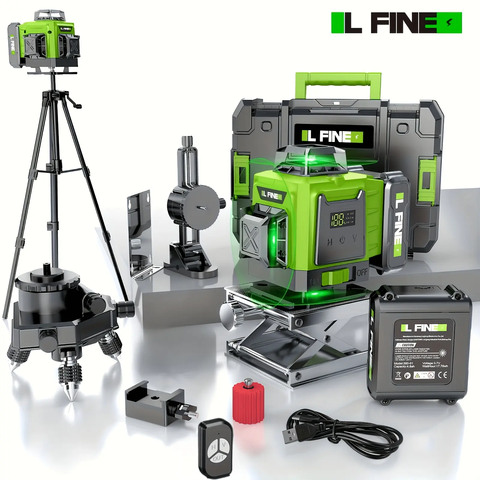 Strong Green Light Bracket Laser Level, Laser Level With Tripod, 4 X 360 Self-leveling Laser Measuring Tool Green Laser Digital Display Battery, 360 Self-leveling For Construction, Home Decoration, Picture Hanging.
