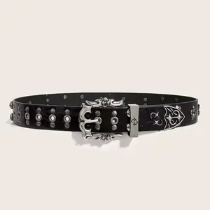 Gothic Studded Metal Belt with Grunge Look - Black PU Leather with Silver Studs and Unique Buckle Design