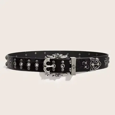 Gothic Studded Metal Belt with Grunge Look - Black PU Leather with Silver Studs and Unique Buckle Design