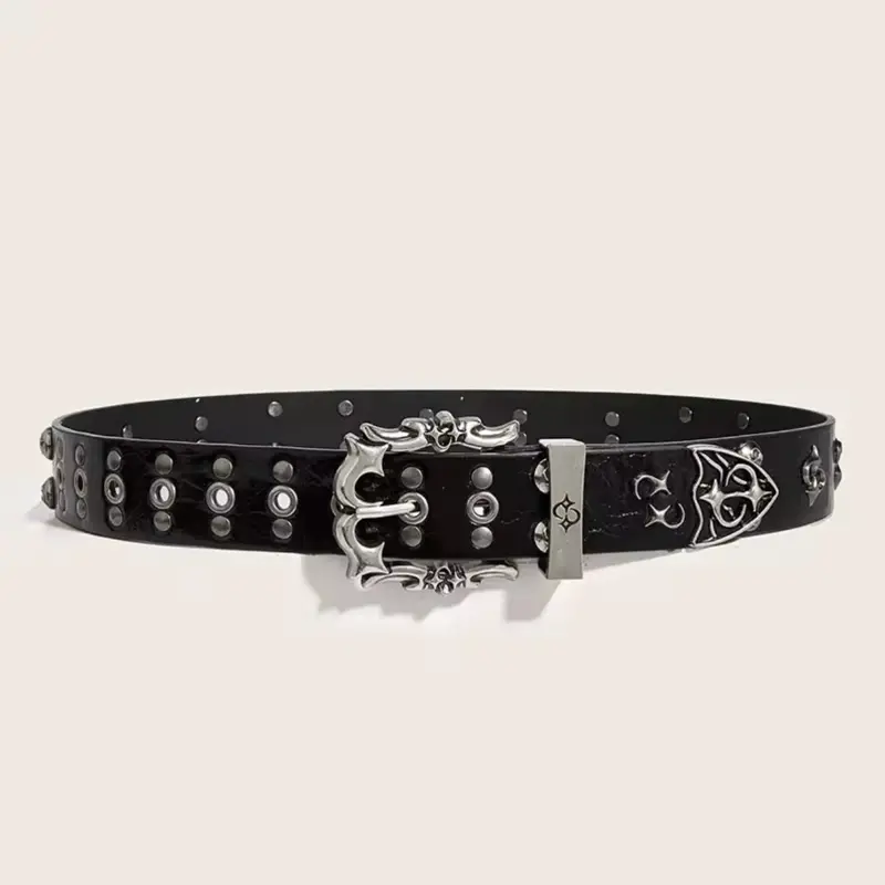 Gothic Studded Metal Belt with Grunge Look - Black PU Leather with Silver Studs and Unique Buckle Design