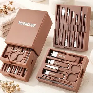 1pc multifunctional daily use tool, nail clipper set, 13 piece nail beauty tool set, drawer style tool with makeup mirror, easy to store, daily essential delicate tool, good gift