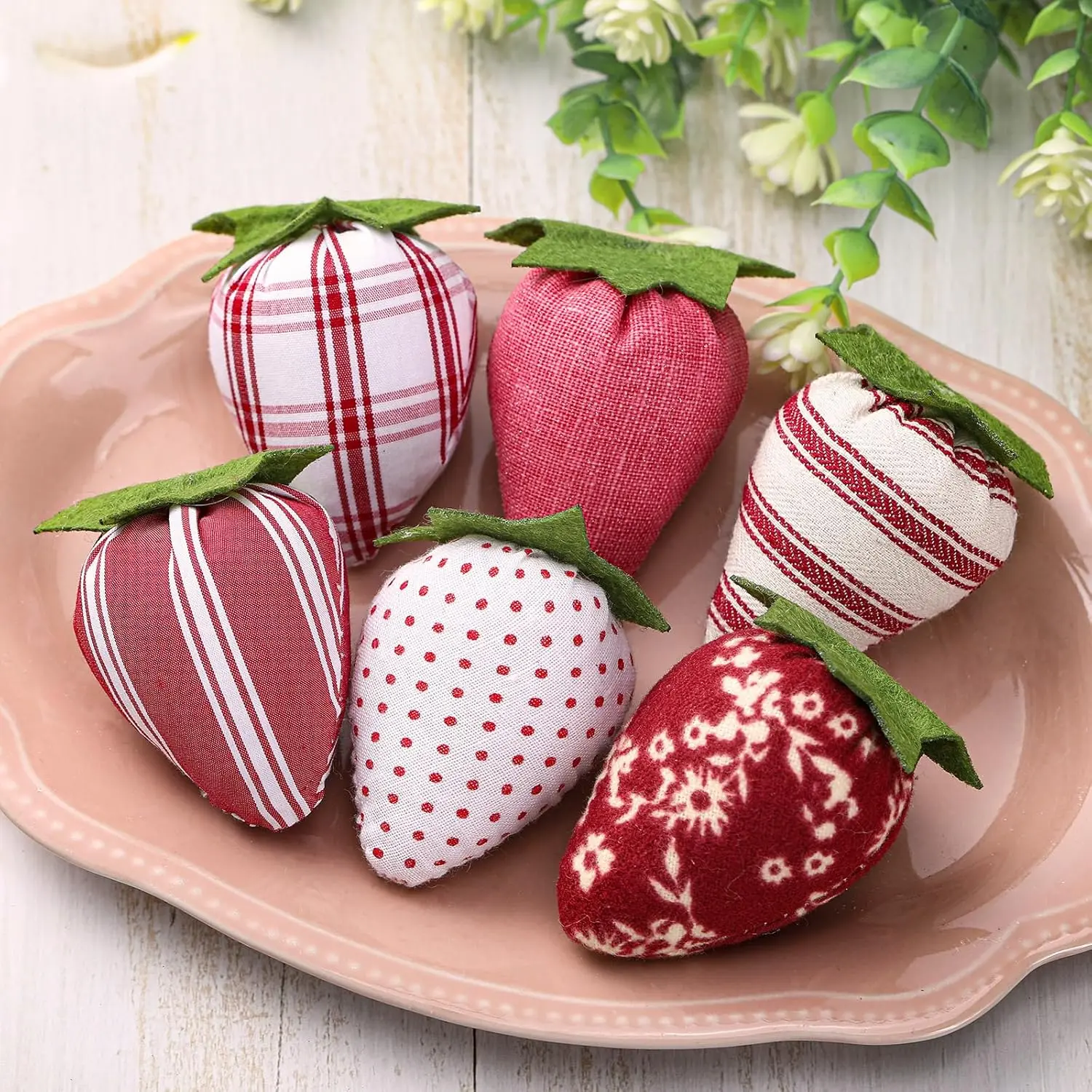 Wonderjune 12 Pcs Artificial Strawberries Decor Fake Fabric Cloth Strawberries Bowl Filler for Spring Summer Home Farmhouse Ornaments Wedding Home Decor (Elegant)