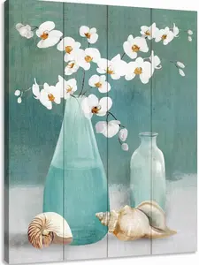 Bathroom Wall Art Vase Floral, Rustic White Flower Pictures Seashell Conch Prints Vintage Gray and Teal Walls Decor SHJY-01951 Decoration Artistic Ornaments Poster