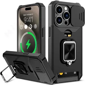 Case for iPhone 16,15,14,13,12,11 Pro Max,Plus Models with Slide Camera Card Slot and Ring Stand