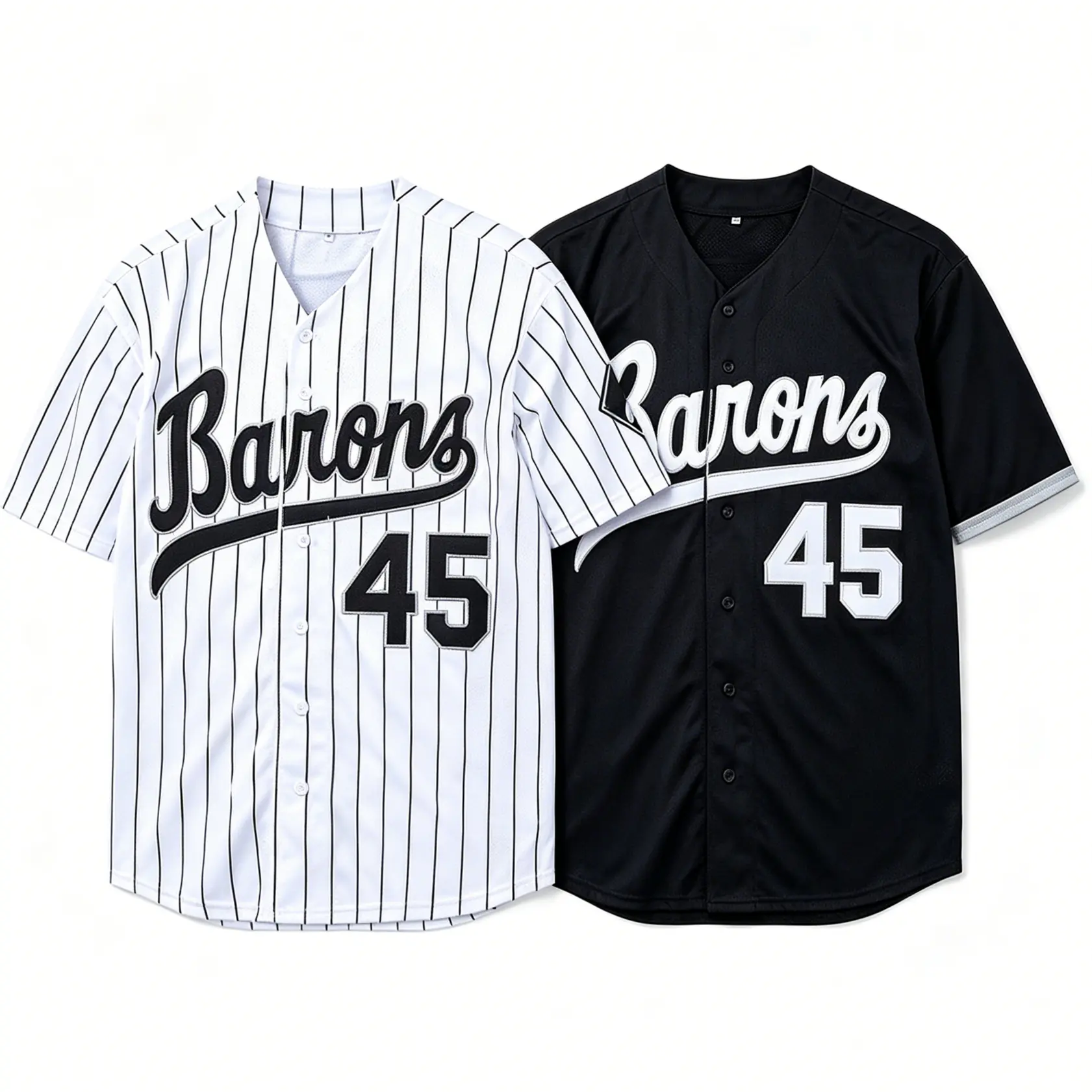 Men's Barons #45 Stitched Button-Down Baseball Jersey - 2 Styles (Pinstripe, Solid Mesh), Vintage Loose-Fit Short-Sleeve Sport Shirt for Summer Training, Casual Streetwear