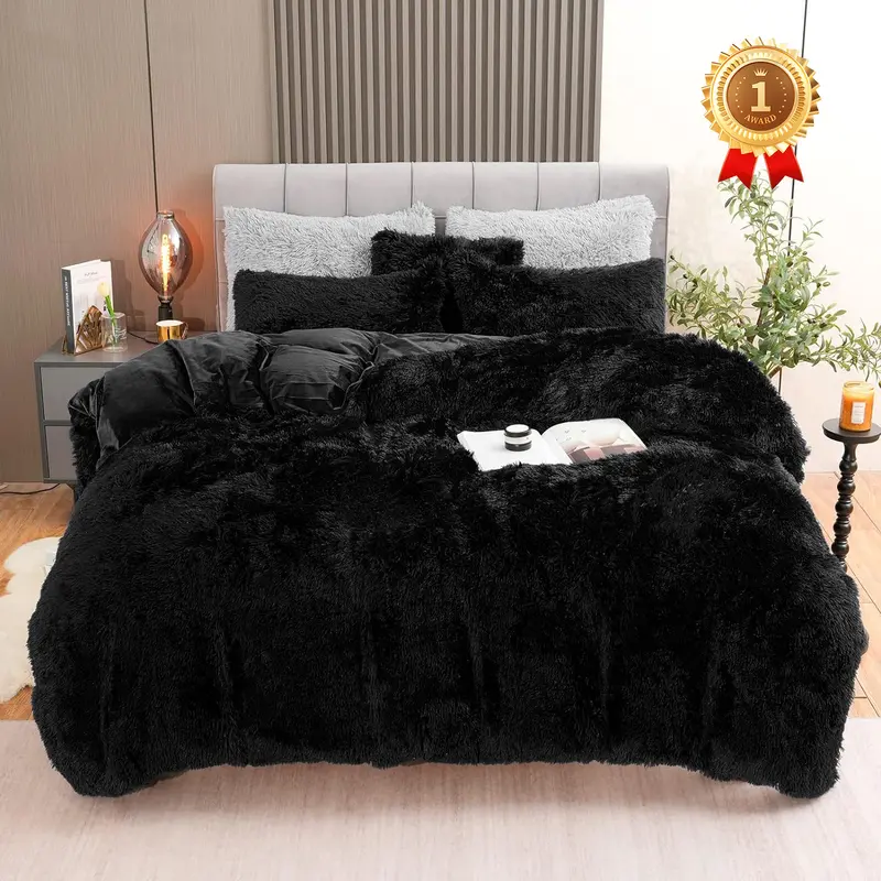 Fluffy Plush Duvet Cover Set , Luxury Ultra Soft Velvet Fuzzy Comforter Cover Bed Sets 3Pcs(1 Faux Fur Duvet Cover + 1 Pillow Cases + 1 Pillow Cover) Zipper Closure