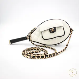 Pre-owned CHANEL Leather Crossbody Bags Tennis Racket 23C in White and Black Strap Clutch with Chain