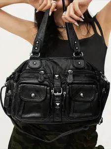 Ladies' fashionable retro casual cool handbag, personalized Y2K spicy girl motorcycle bag, street style washed plain leather imitation leather city bag, suitable for work, commuting, dating, party large capacity multi pocket single shoulder crossbody