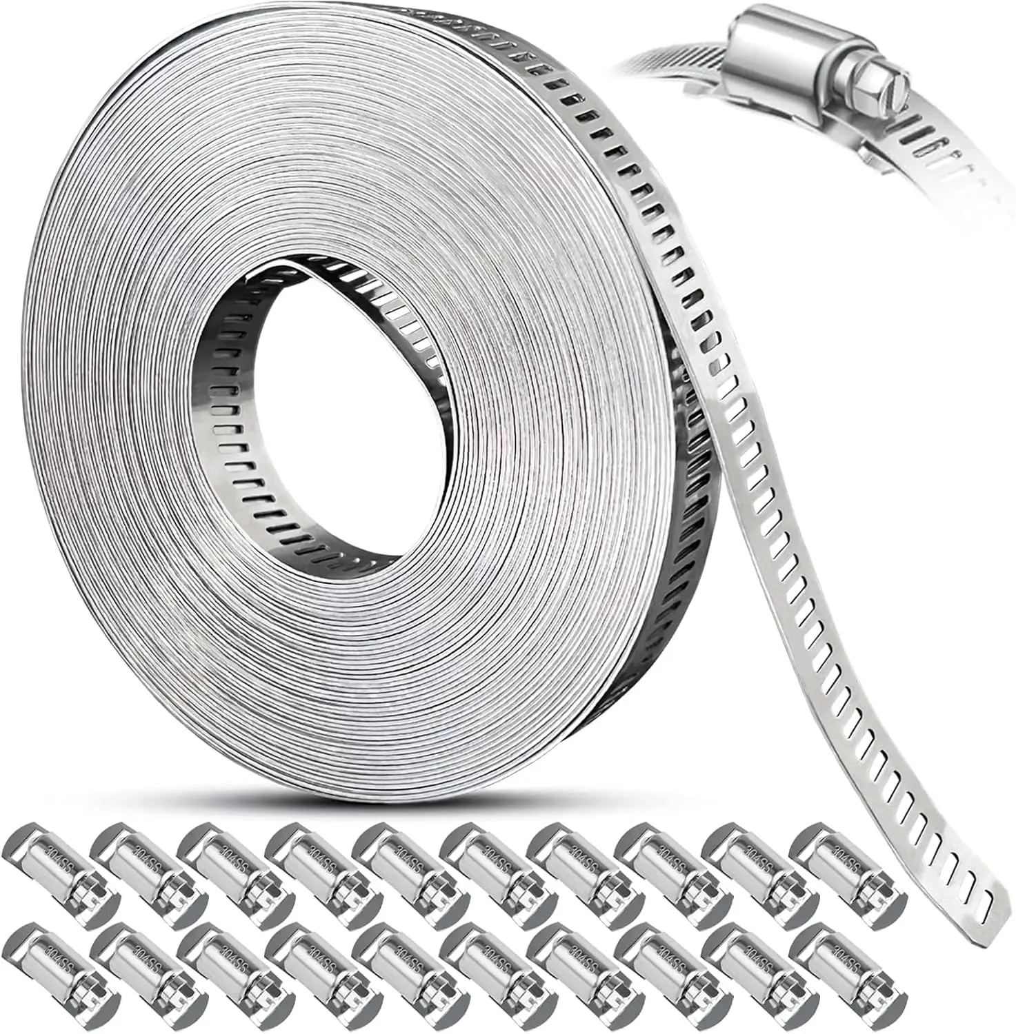 32.81FT Stainless Steel Hose Clamp Kit, Adjustable Worm Gear Band with 20 Fasteners for Duct Pipe, Plumbing, Automotive and Fuel Lines