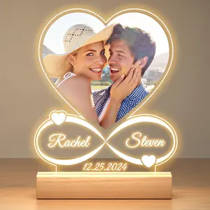 Personalized Anniversary Couple Gifts for Women Men Custom Picture Frame Acrylic Love Heart Photo Plaque Night Light Christmas Birthday Gifts for Him Valentine's Day Gifts For Boyfriend Shaped Acrylic Decor Block Acrylic Decorative Plaque