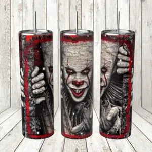 Horror Movies Waterbottles Travel Cup, Halloween Pennywise, Scary, Frightful, Pennywis, Skinny Tumbler 20oz  Sublimated Tumbler Stainless Drinkware Lid & Metal Straw Stainless, Double Wall Insulated, Fall, Loaded Water Cup, Loaded Tea Cup, Fall Cup