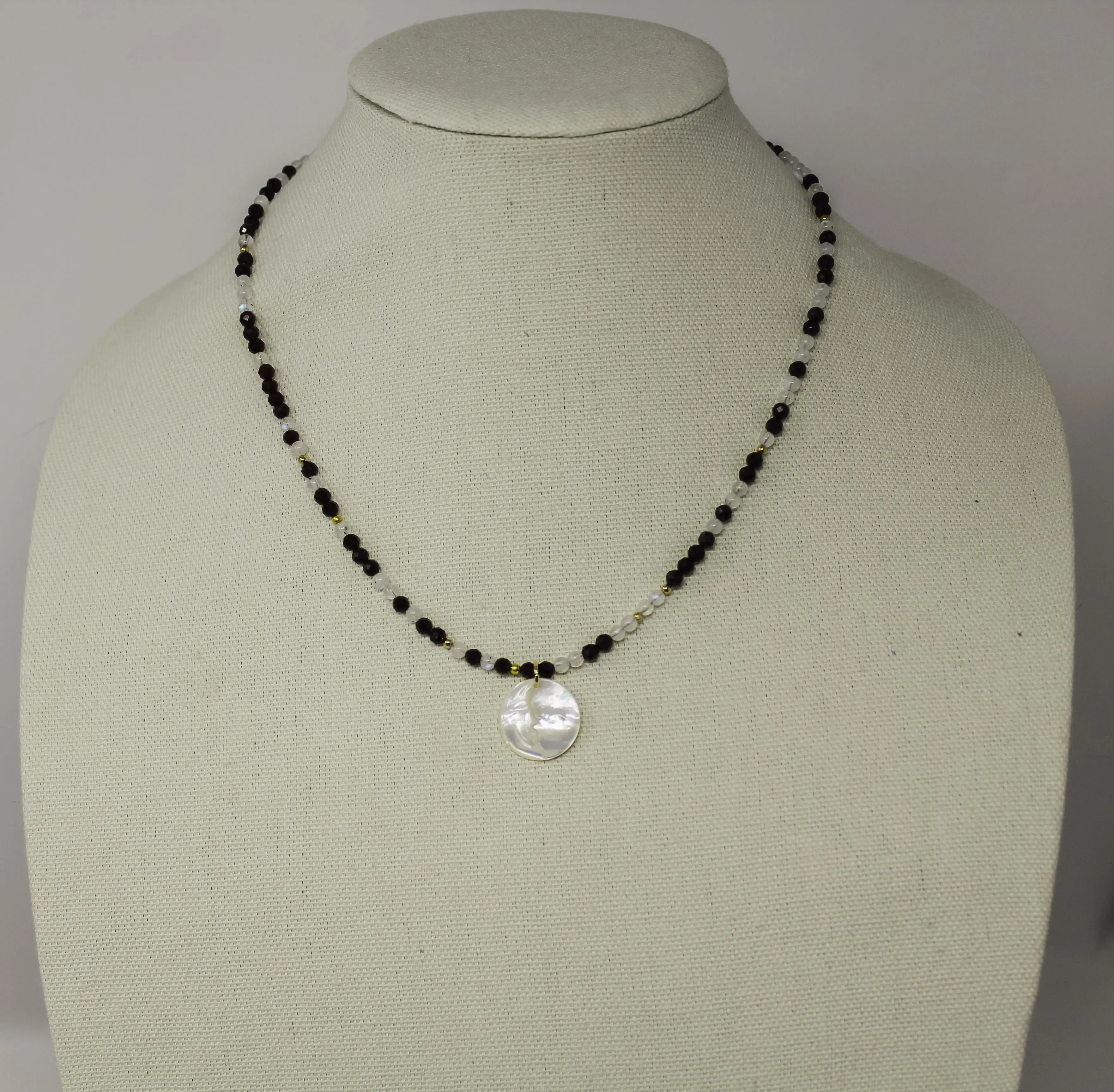 Garnet, Rainbow Moonstone and Mother of Pearl Moon Necklace