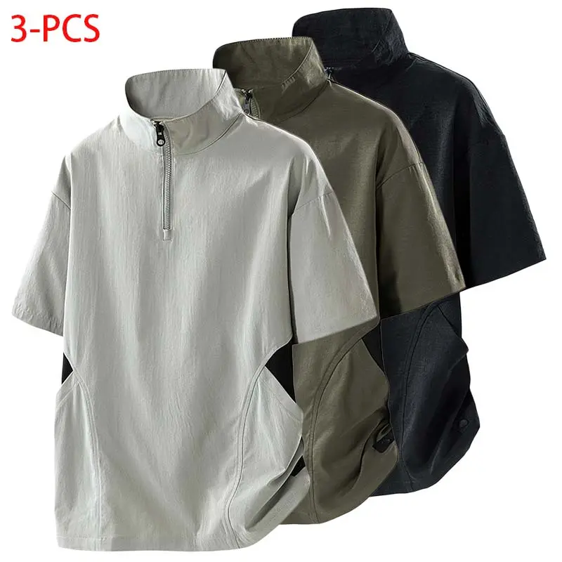 Men’s stand-collar T-shirt, loose fit, lightweight short sleeves, half zip, breathable quick-dry outdoor sports T-shirt with pockets #SummerWins