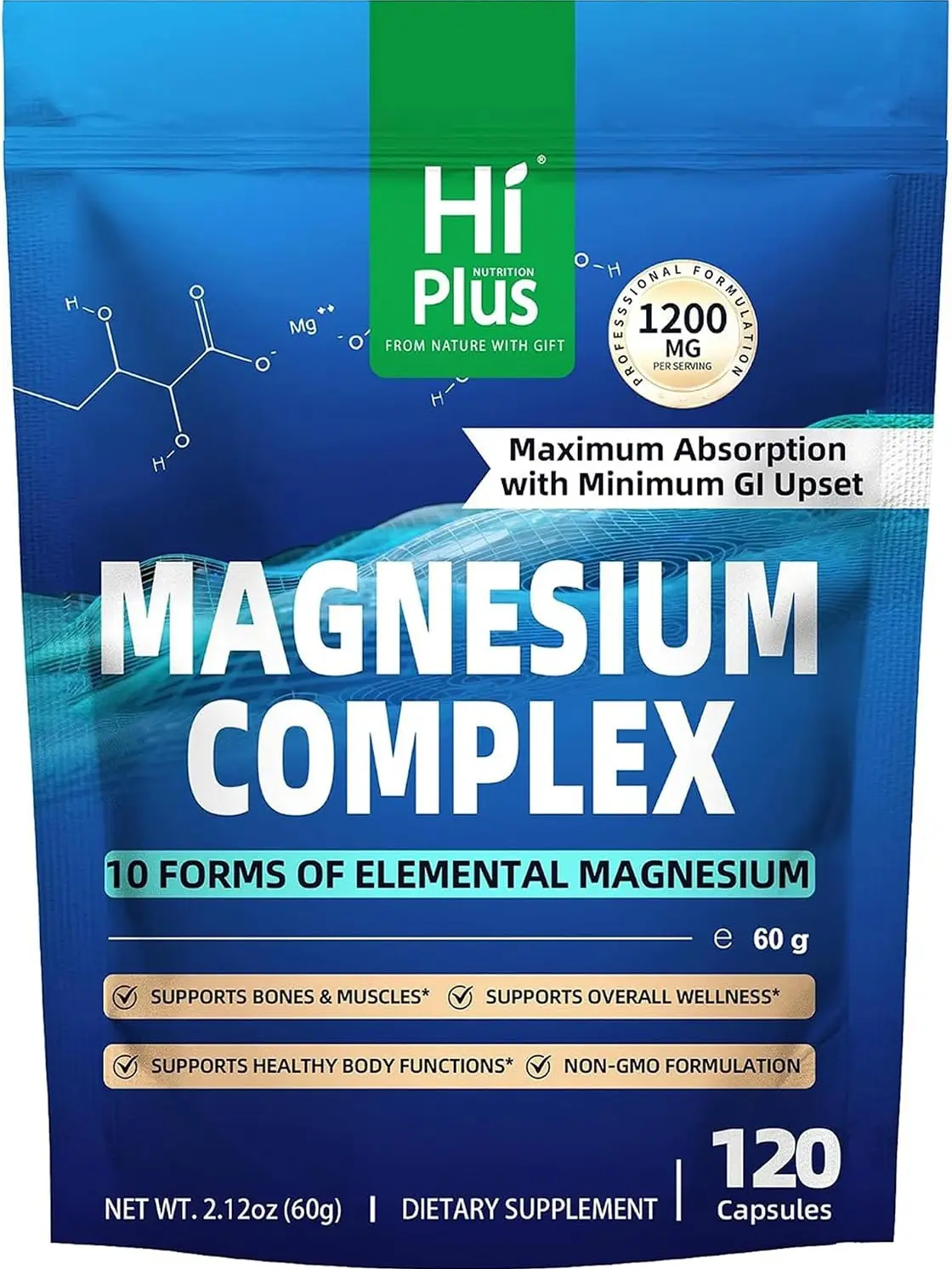 Magnesium Complex Supplement with 10 Forms of Elemental Magnesium, 1200 mg per Serving, Magnesium Glycinate, Citrate, Malate & Taurate, High Absorption Vegan Capsules, Non-GMO