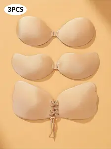 3 invisible adhesive bras, push-up adhesive bra, reusable. Strapless front-closure design, women's lingerie accessory.