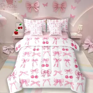 Feelyou 7-Piece Microfiber Bedding Set - White Cherry Princess Bowknot Comforter with Silk Ribbon, Floral Print Quilt, and Breathable Durable Sheets