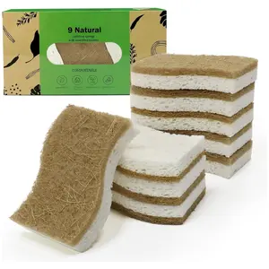 9 Pack Biodegradable Natural Kitchen Sponge - Compostable Cellulose and Coconut Walnut Scrubber Sponge - Eco Friendly Sustainable Sponges for Dishes