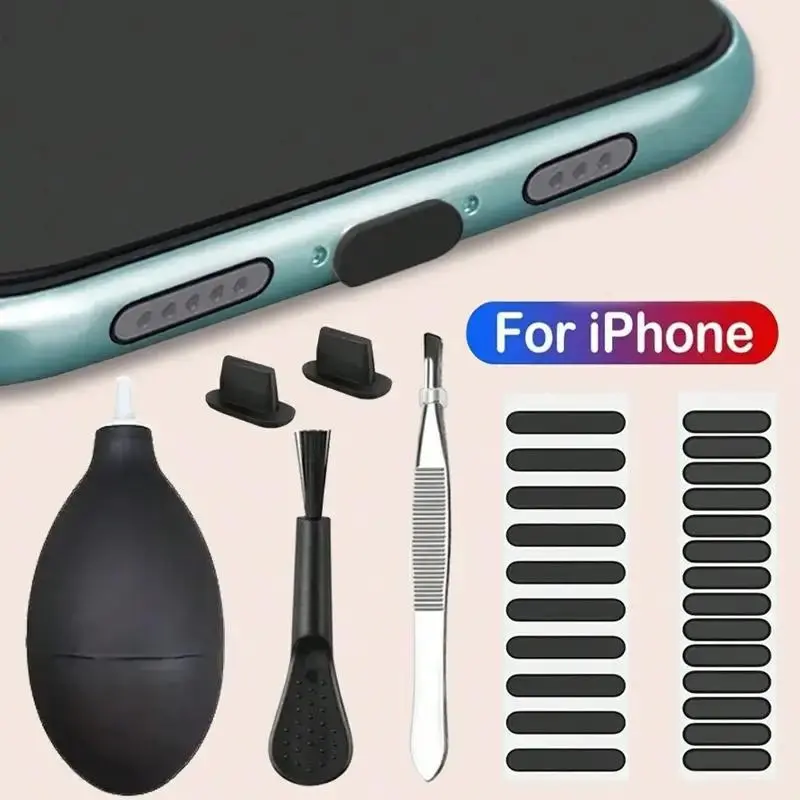 Phone Speaker Dust Proof Cleaning Kit, Silicone Phone Speaker Dust Proof Net Sticker & Dustproof Plug & Cleaning Brush, Phone Accessories for iPhone & Android, Smartphone Cleaner