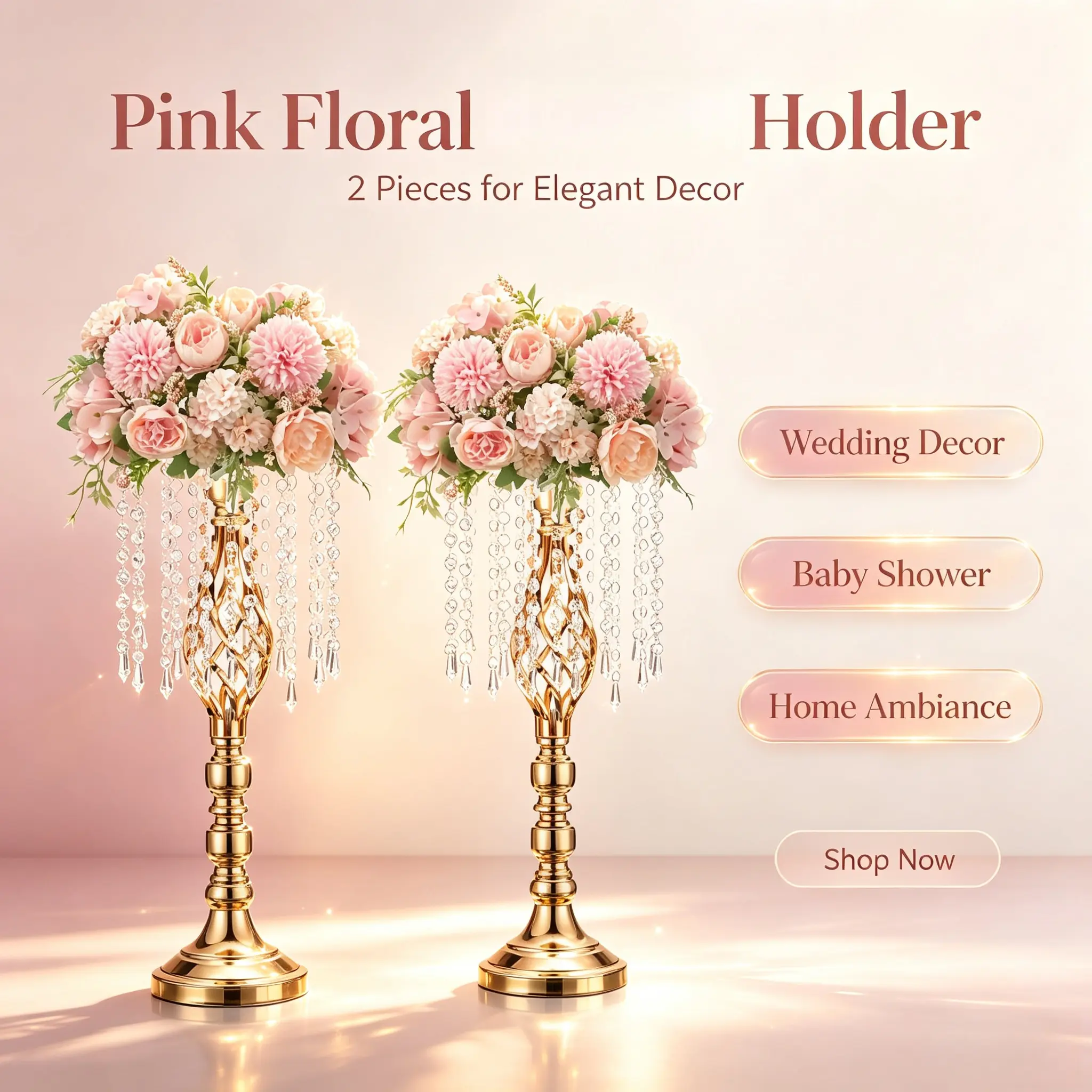 2Pcs Metal Wedding Vases, 16 Strands Crystal Flower Stands, Gold Silver Table Centerpiece, Wedding Party Dinner Hotel Home Birthday Decor, Housewarming Gift, Indoor Outdoor Plastic Flower Ornaments, Fresh Flowers Not Included