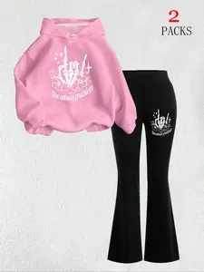 Women's Floral Skull Halloween Graphic Warm Sweatshirt + Slim Fit Comfortable Bell Bottom Pants Set, Casual Fall Winter