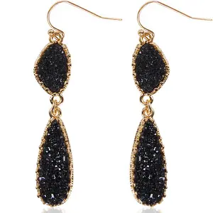 Black and Gold Earrings for Women - Humble Chic Simulated Druzy Drop Dangles - Long Double Teardrop Dangly Earrings for Women, Gold-Tone - Black Stone