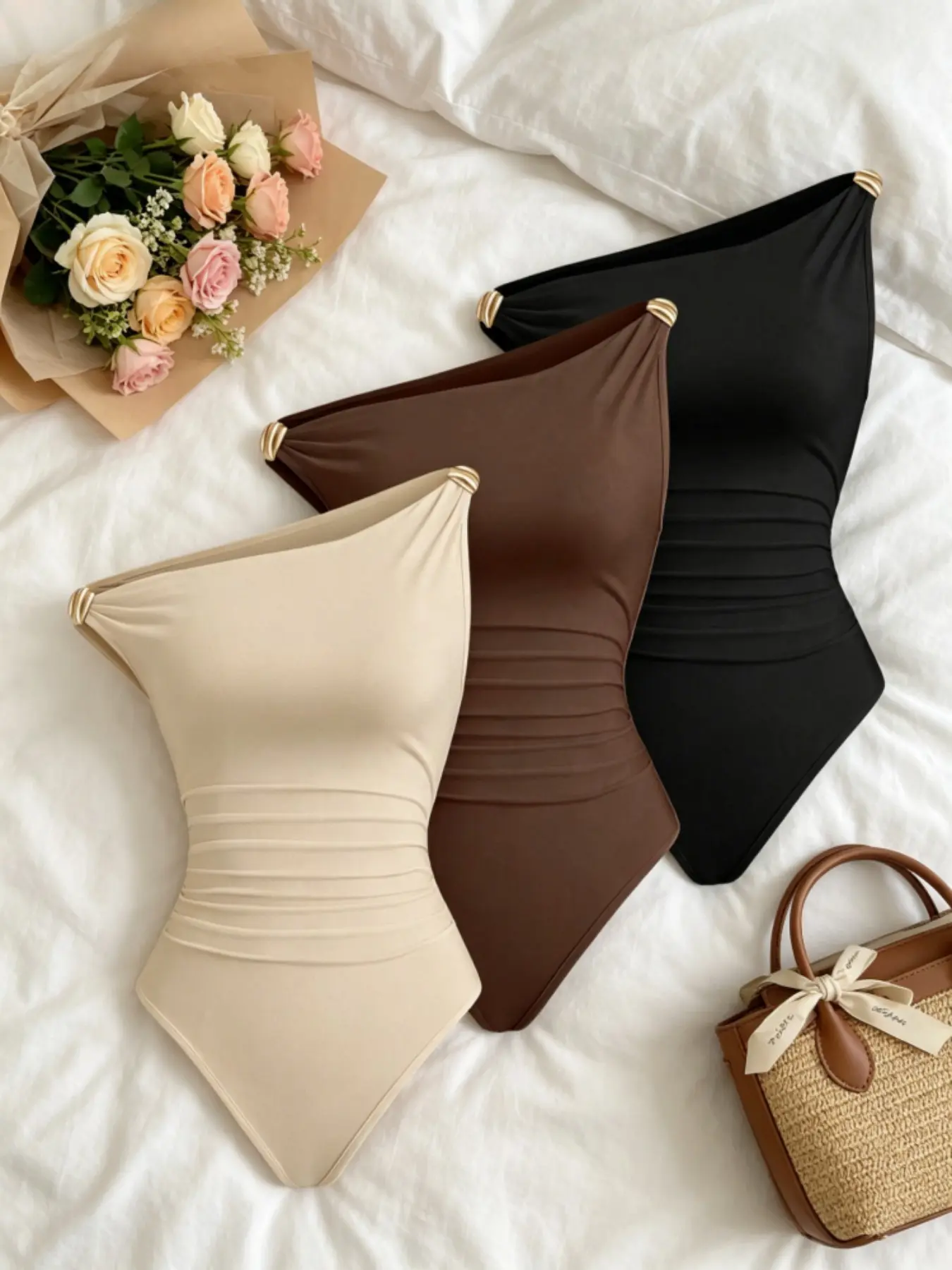 Spring Summer Elegant Special Metal Buckle Shoulder Cut Out Women's Slim Fit Skinny Jumpsuit Set, Sleeveless Plain Design, Three Piece Suit Bodysuit, Shaping Bodysuit, Slim Fitting Bodysuit