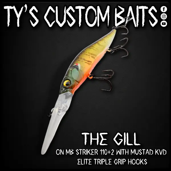 Ty's Custom Baits The Gill on MB Striker 110+2 with Mustad KVD Elite Triple Grip Hooks