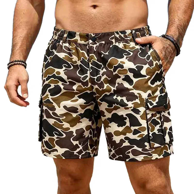 SummerWins Menswear Camo Cargo Shorts - New Stylish Camouflage Print, Elastic Adjustable Waistband, Light Airy Breathable Fabric, Casual Comfort, Beach Resort Wear, Father's Day Gift, Breathable Fitted Shorts, Casual Wear Shorts